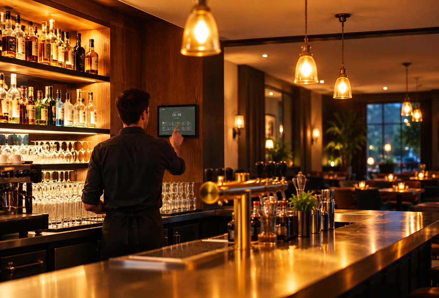 Barkeeper steuert die Musik der Bar über ein Touchpanel an der Wand