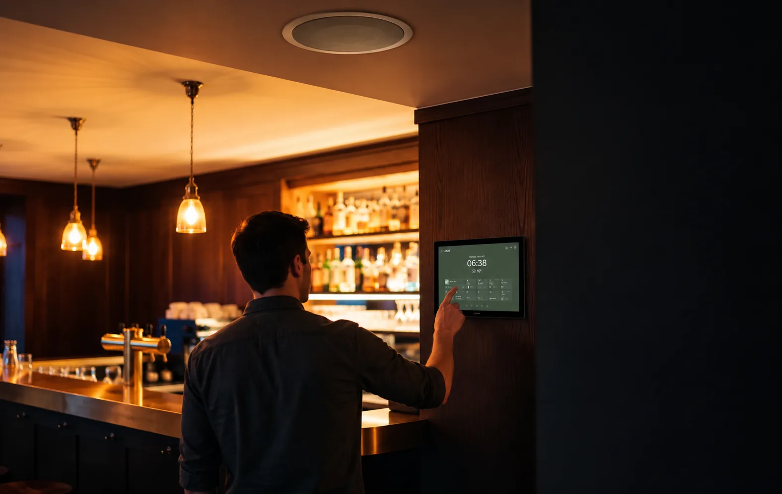 Barkeeper steuert Licht und Musik der Bar über ein Touchpanel an der Wand